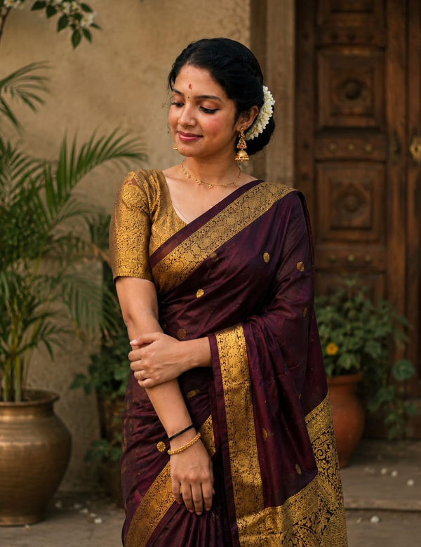 Maroon Banarasi Silk Saree with Gold Zari Border
