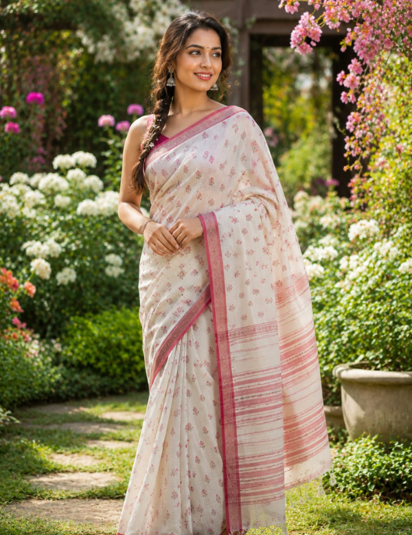 Soft Cotton Off White Saree Red Border Butis Pallu