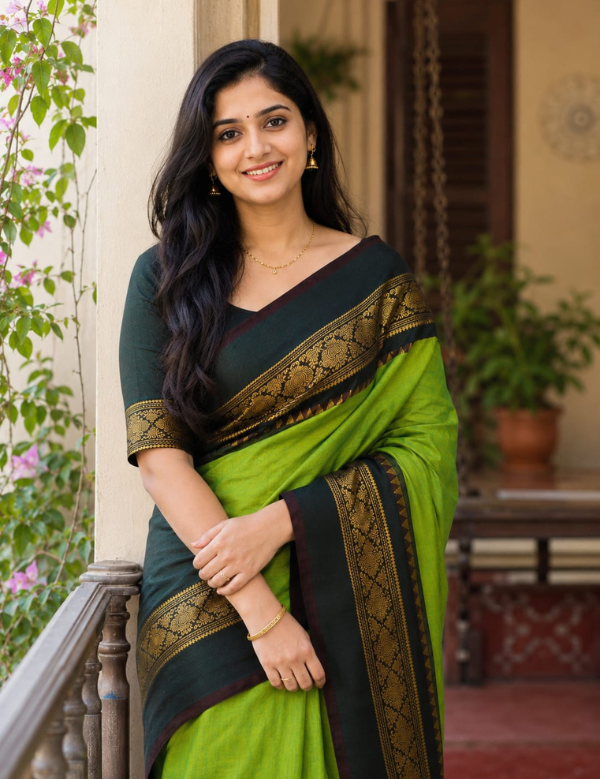 Light Green & Black Combination Pure Soft Semi Silk Saree