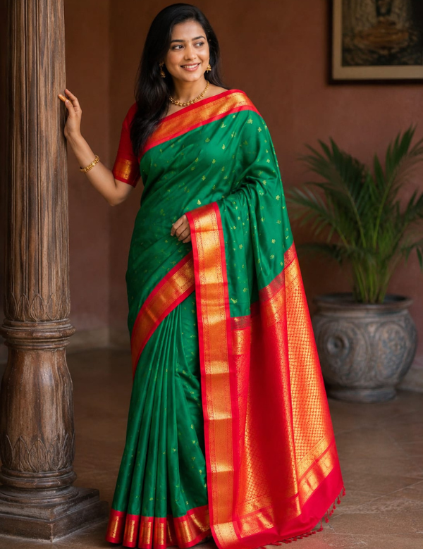 Vibrant Green & Red Kanchipuram Semi Silk Saree