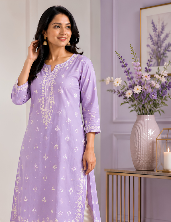 Lavender Embroidered Straight Kurti