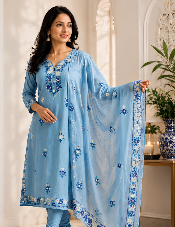 Sky Blue Embroidered Cotton Churidar Set
